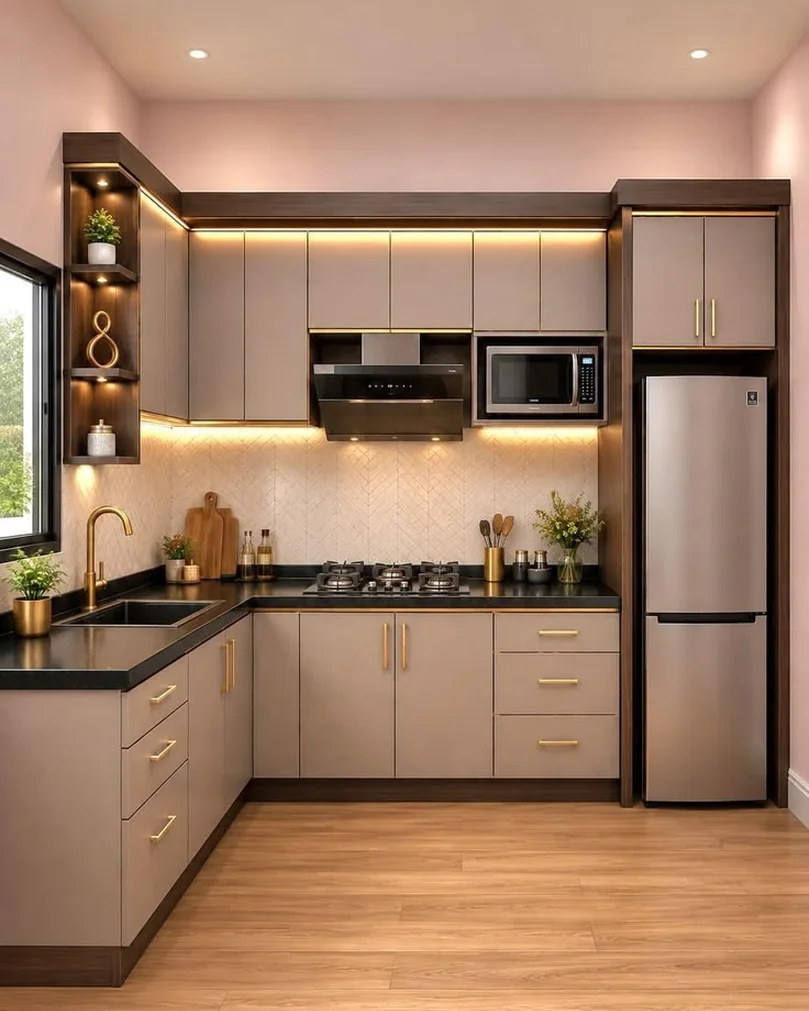 L-shaped modular kitchen with cream shutters, chimney and a tall unit.