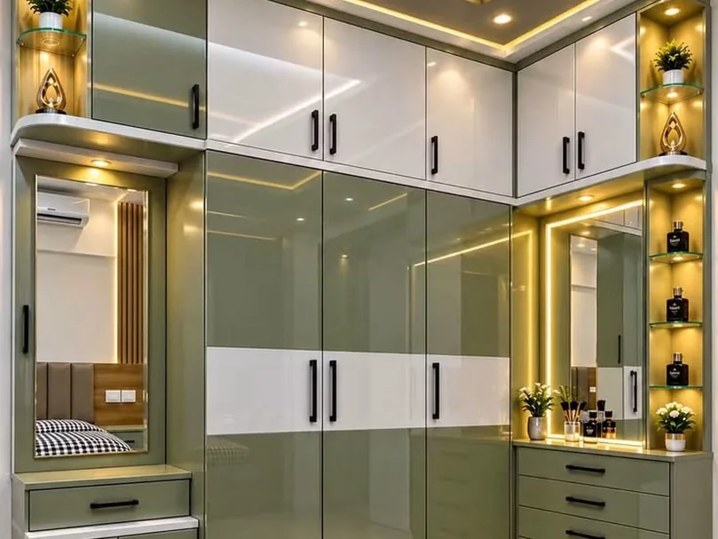 Olive and white glossy wardrobe with a corner dresser unit.
